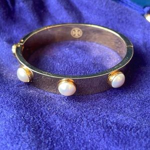 Tory Burch gold and pearl Hinged Bangle